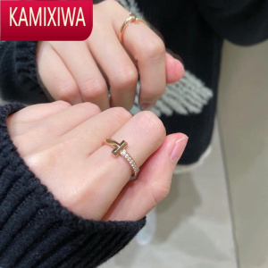 KAMIXIWAT1戒指女银镀玫瑰金白金镶钻情侣对戒高版本小众设计感指环