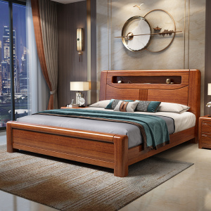 月影梳桐金丝胡桃木实木床1.8米双人床充电夜光床中式现代卧室收纳储物床