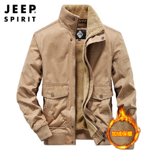 JEEP SPIRIT冬季拉链棉绿色袋盖挖袋青年合体型纯色加绒休闲棉服