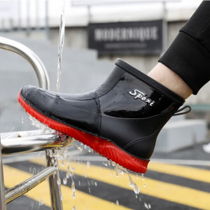 防水鞋男士款雨鞋时尚短筒加厚保暖胶鞋工作防滑短款雨鞋 黑色束口