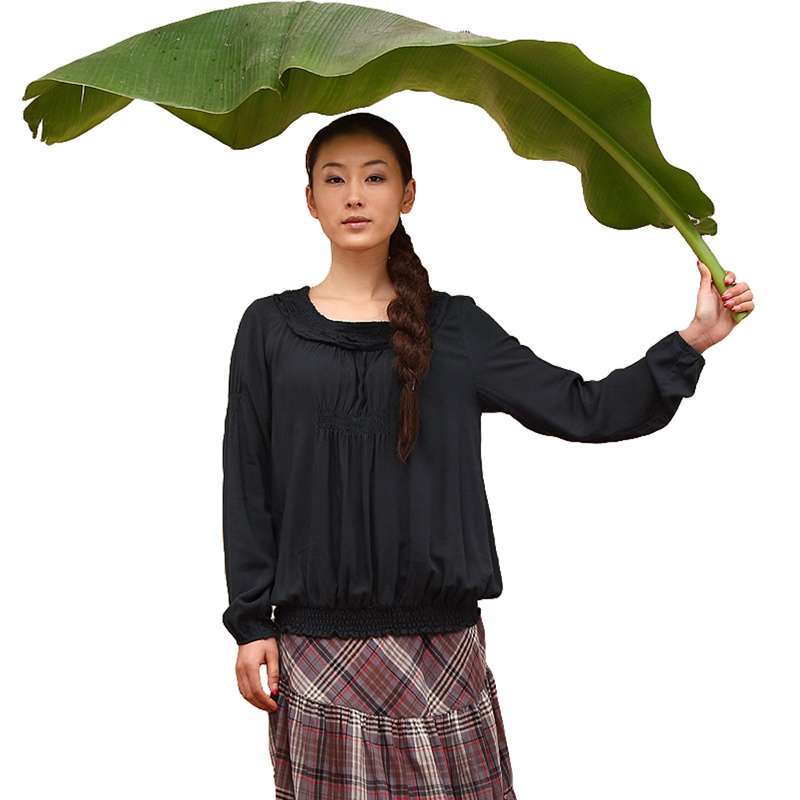 茵曼 套头衬衣压布毛边圆领纯棉长袖衬衫821011017褐灰色M