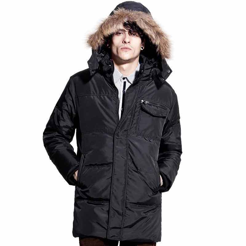 诠渡良品男装男士奢华毛领中长款羽绒服82416（黑色/XXL）