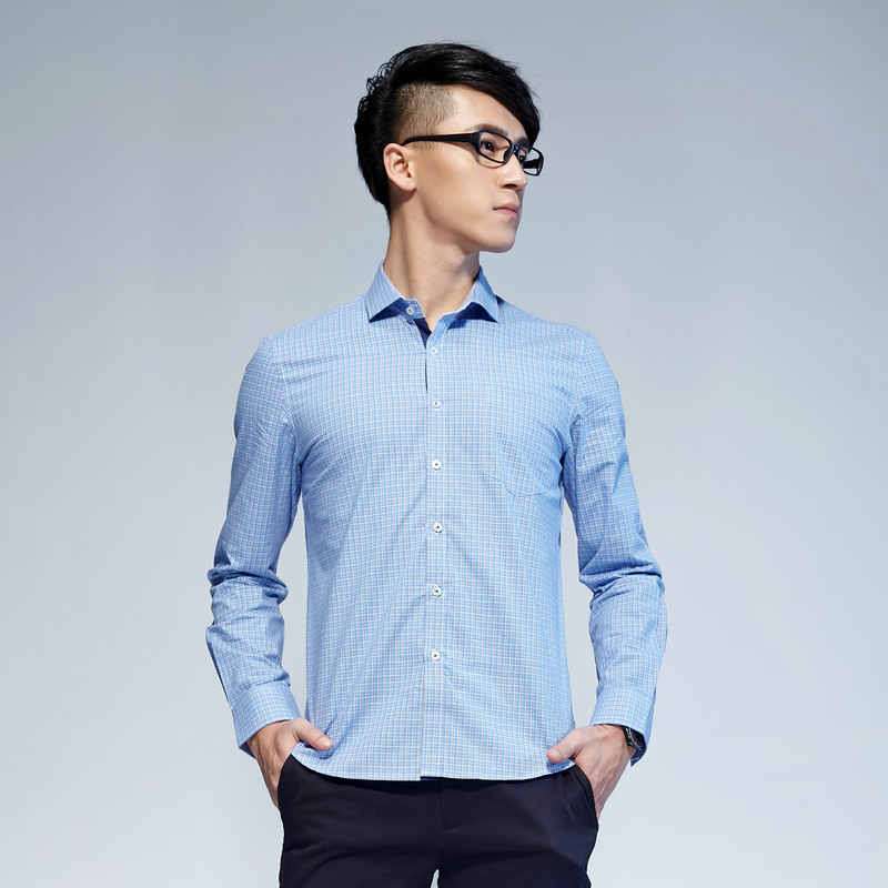 唐狮 男式 男细格拼接长袖衬衫613111015432(蔚蓝L)