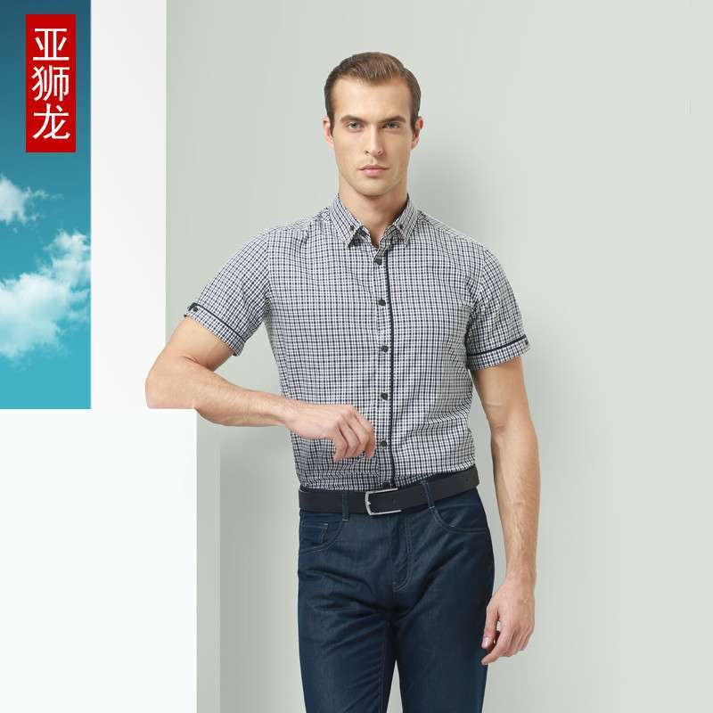 亚狮龙 男士高档时尚休闲清凉透气薄款衬衫3213002（红白格子/S码）