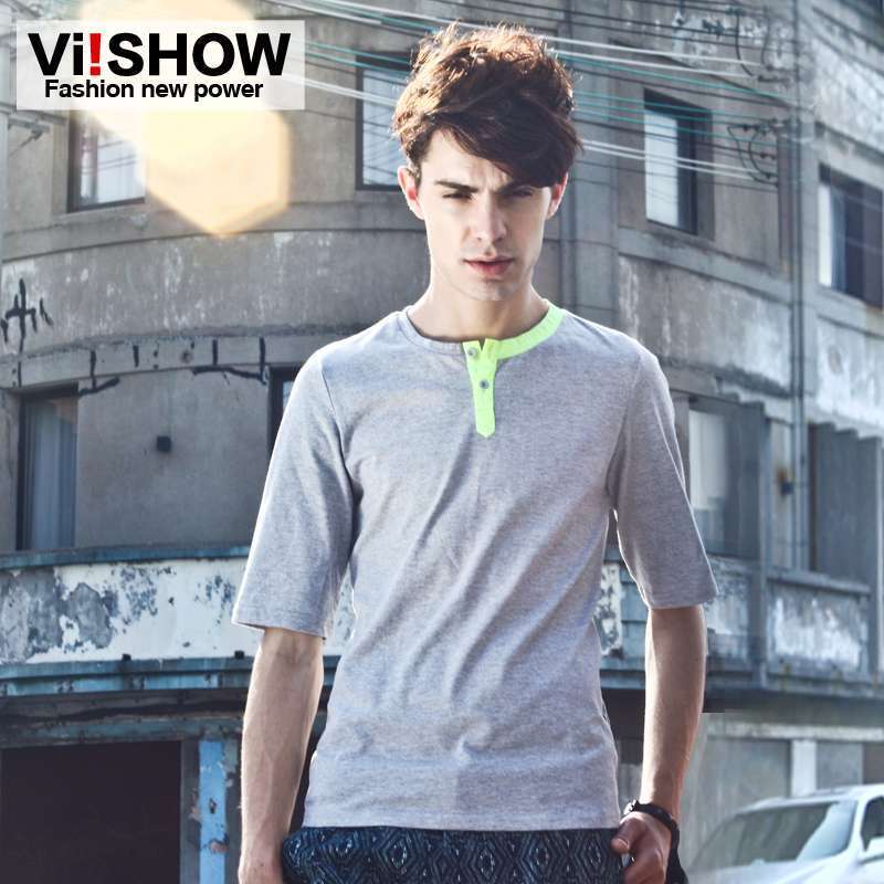 viishow 夏装简约中袖短t正品修身休闲男t恤TD160（灰色/M）
