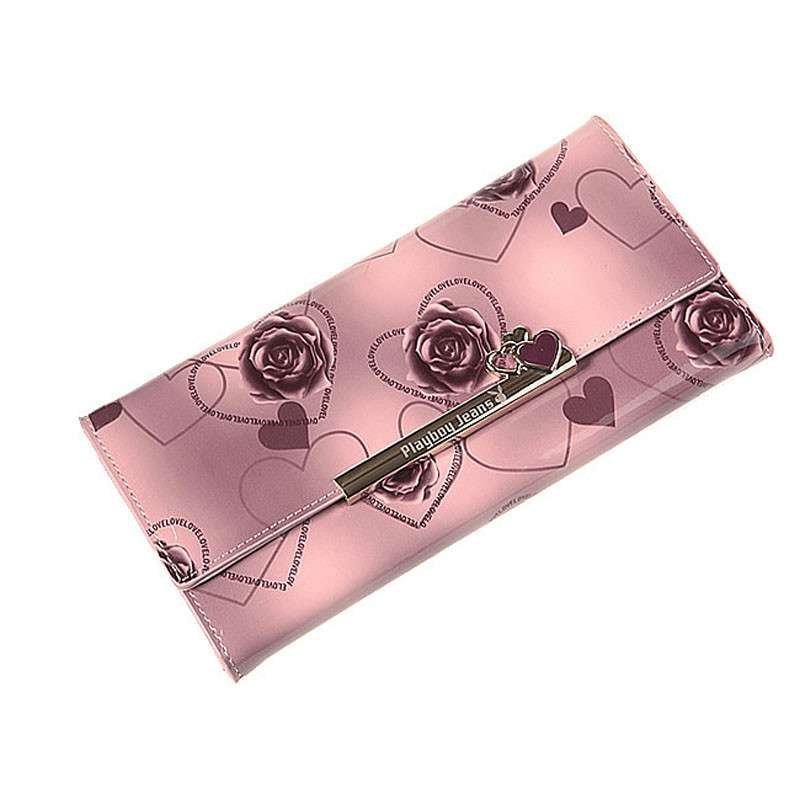 【专柜正品】花花公子 新款女式钱包 粉红玫瑰图案　牛皮 长款 亮皮 三折