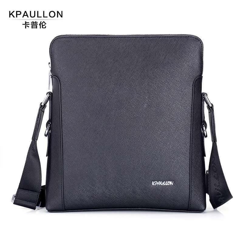 Kpaullon/卡普伦 潮流男包 进口牛皮男士单肩包 时尚十字纹真皮男士斜挎包B0235 黑色