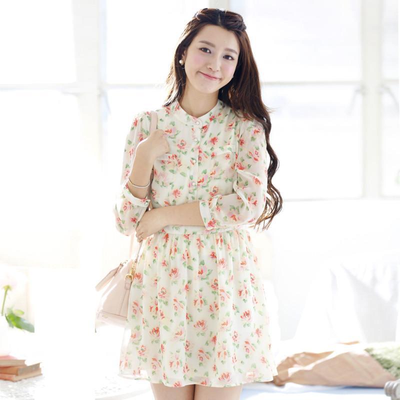 A24448莉家 秋装新品 优雅繁花衬衫式雪纺连衣裙 米底花朵 L