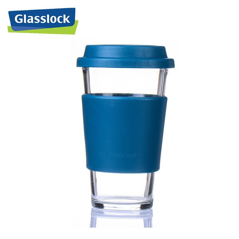 三光云彩(GLASSLOCK)玻璃水杯韩国进口钢化耐热玻璃茶杯带盖带隔热套 宝石蓝 RC106-1 500ml办公室水杯