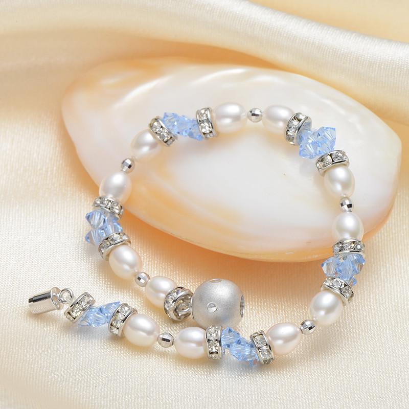 京润珍珠【水晶之恋】 s925银镶天然淡水珍珠手链 时尚水晶 白色高清