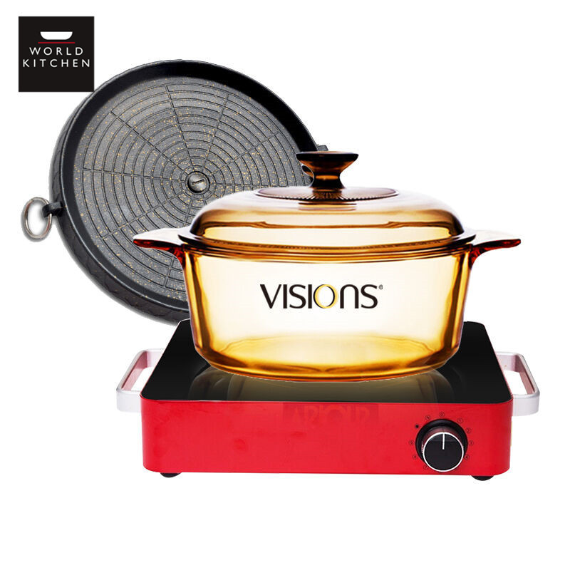 康宁(VISONS)锅具套装微晶面板电陶炉VHS-220-RD/CN 红色炉子+VS22汤锅直径21.5cm煲汤锅