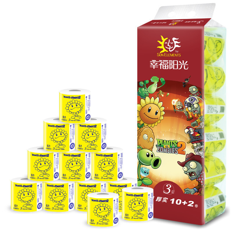 幸福阳光 植物大战僵尸系列卷筒卫生纸3层1800g10+2卷 卷纸