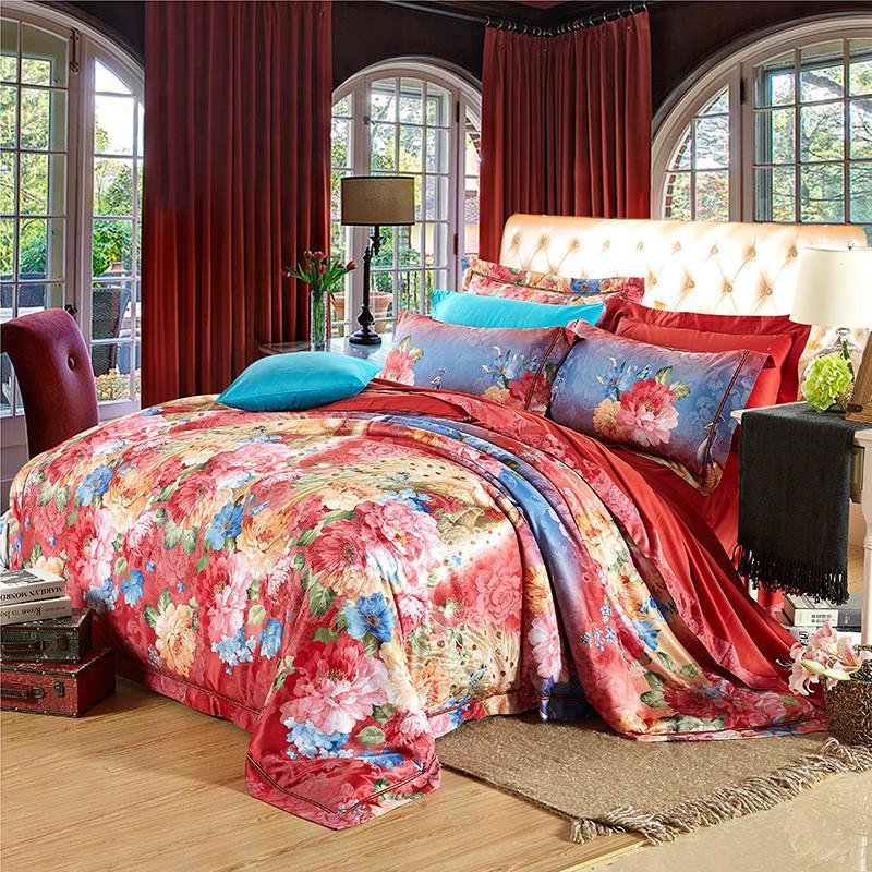 轩蓝仕家纺 臻品贡缎面料提花绣花全棉四件套 纯棉里料床单套件 床上用品 1.8m床适用 金枝玉叶红