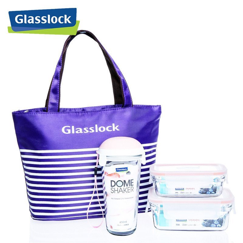 三光云彩(GLASSLOCK)耐热钢化玻璃保鲜盒水杯395+700ml+450ml水杯3件套附保温包便当盒保鲜盒水杯套装