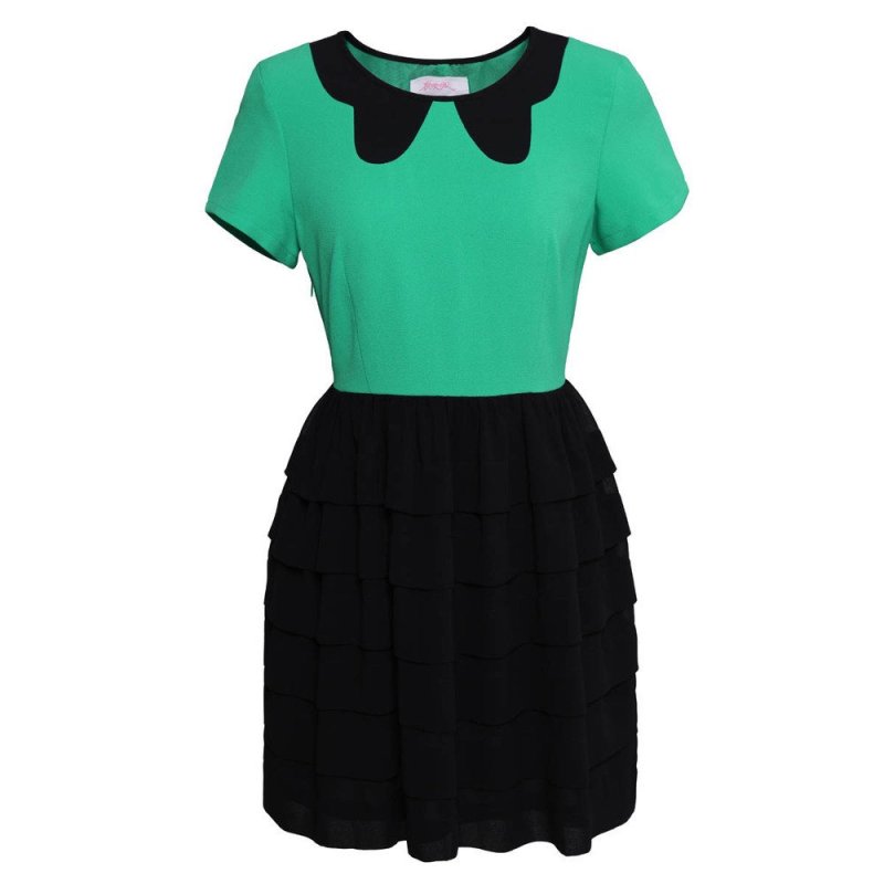 秋水伊人 2015 拼色假娃娃领短袖修身雪纺连衣裙B05 132102003 绿色 S
