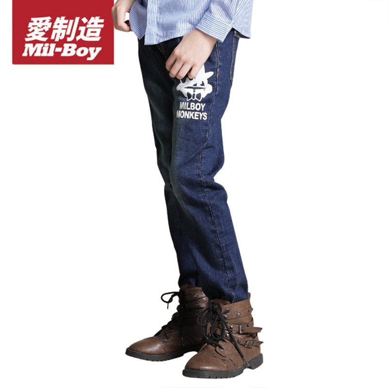 绿盒子童装爱制造男童印花水洗牛仔长裤 秋冬新款MQ529013 140cm 深蓝色
