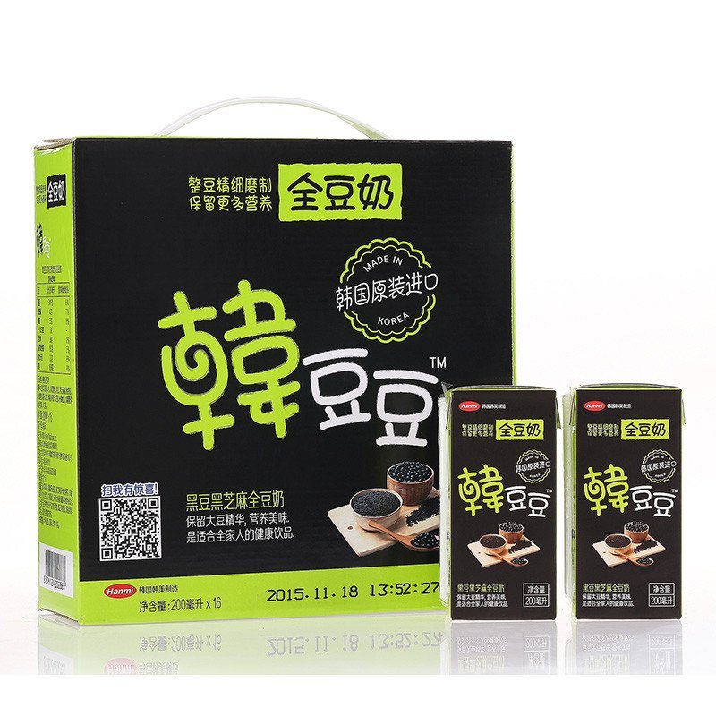 韩国进口早餐豆奶 韩豆豆全豆奶黑豆黑芝麻口味 即饮豆浆饮料整颗大豆研磨 200ml*16盒
