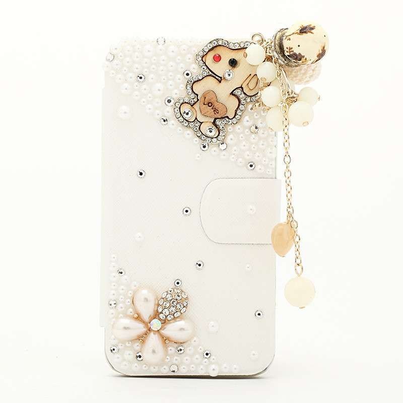 法威仕 水钻华为手机壳套蚕丝手机皮套水晶保护壳白色手机套 适用华为手机 P6/P6S 吊坠小狗