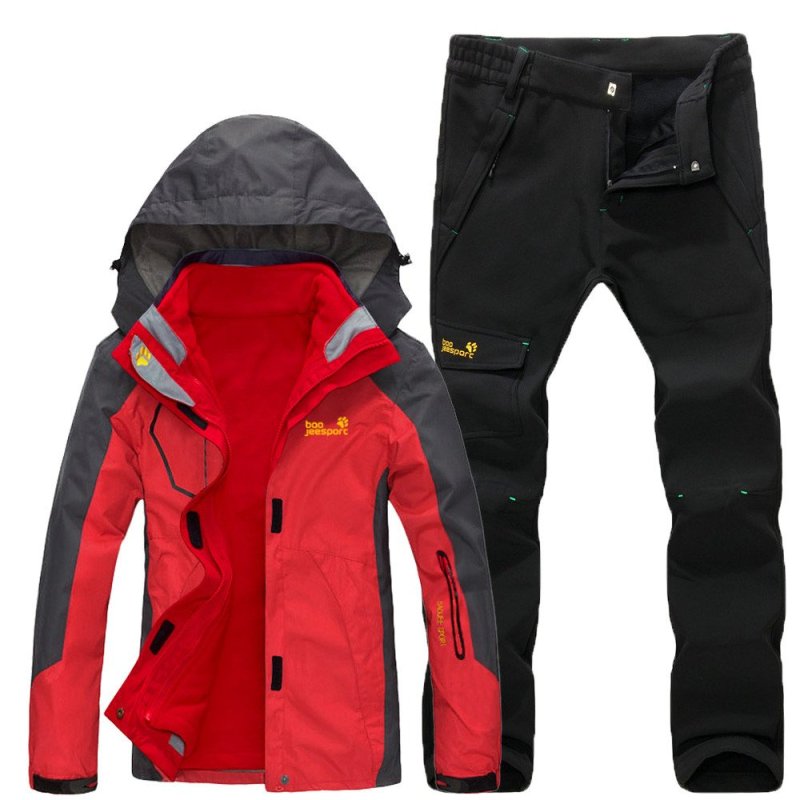豪客虎秋冬新款女士冲锋衣套装可脱卸两件套抓绒内胆加厚冲锋裤防风防泼水旅行登山服户外运动套装 M 303款大红衣黑裤