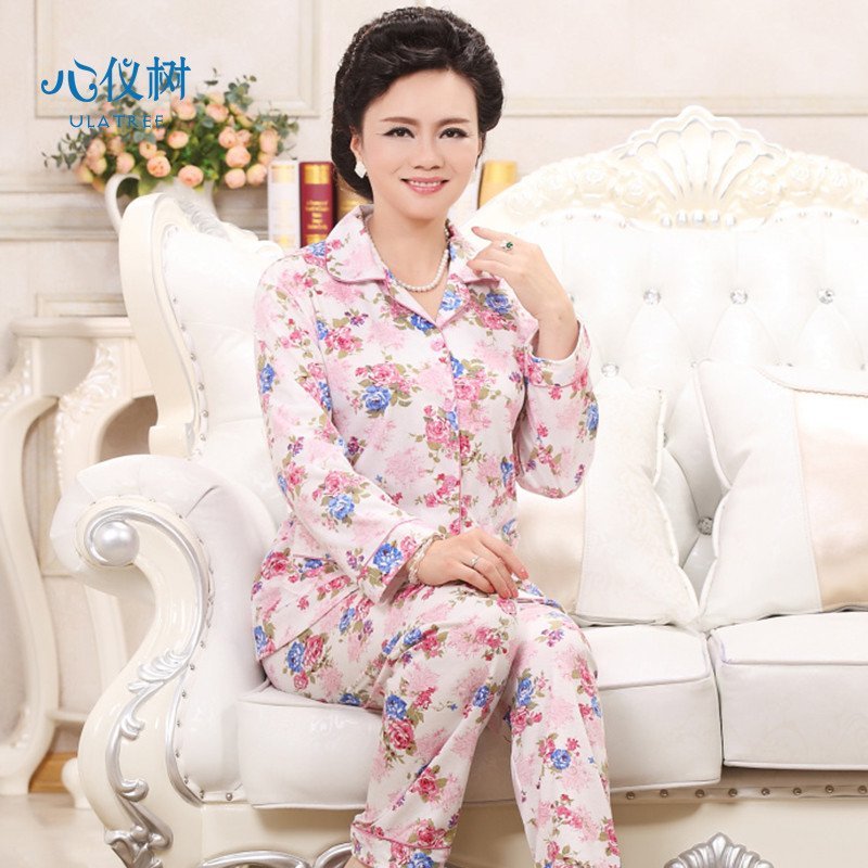 心仪树 秋季新品女款中老年睡衣休闲翻领开衫碎花家居服套装 多款可选 XXL QYS-3169-8红色