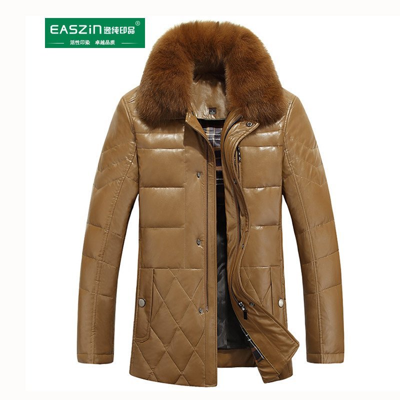 逸纯印品（EASZIn）皮羽绒男外套 2015冬季新款翻领加厚可拆卸毛领中长款青年款男士皮衣羽绒服男 XXL 棕色