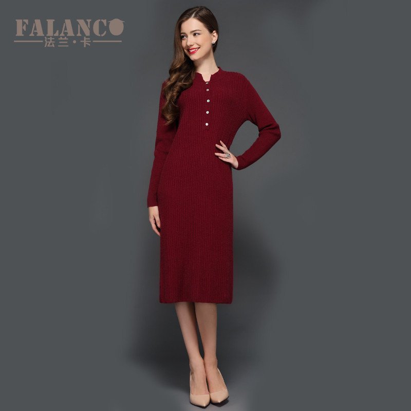 falanca法兰卡2015秋冬女新款包臀长袖羊绒衫针织纯色修身外套 XL 酒红色