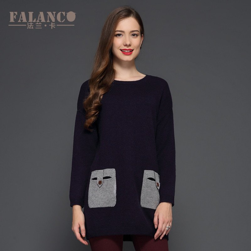 falanca/法兰卡2015秋冬女新款包臀长袖羊绒衫针织纯色修身毛衣 XL 藏青色