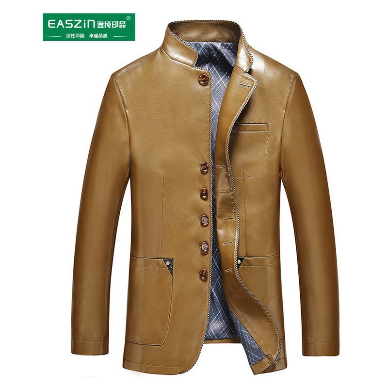 EASZin 2015秋冬新款皮衣男士中长款立领中国风皮大衣单排扣外套 XL 黄色