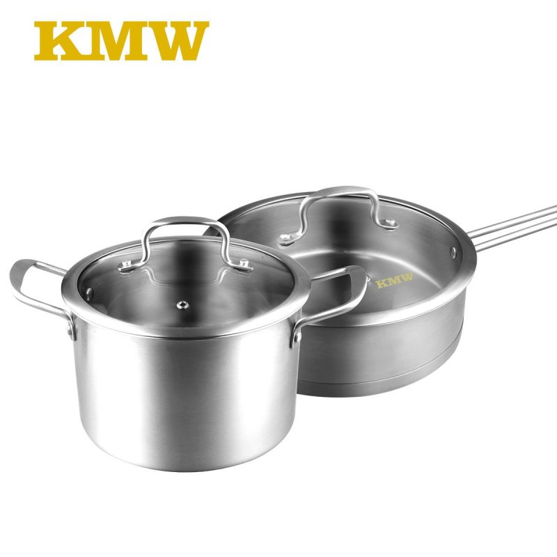 KMW爱家精品不锈钢锅具二件套 套装304不锈钢煎锅汤锅 三层加厚复底锅电磁炉通用