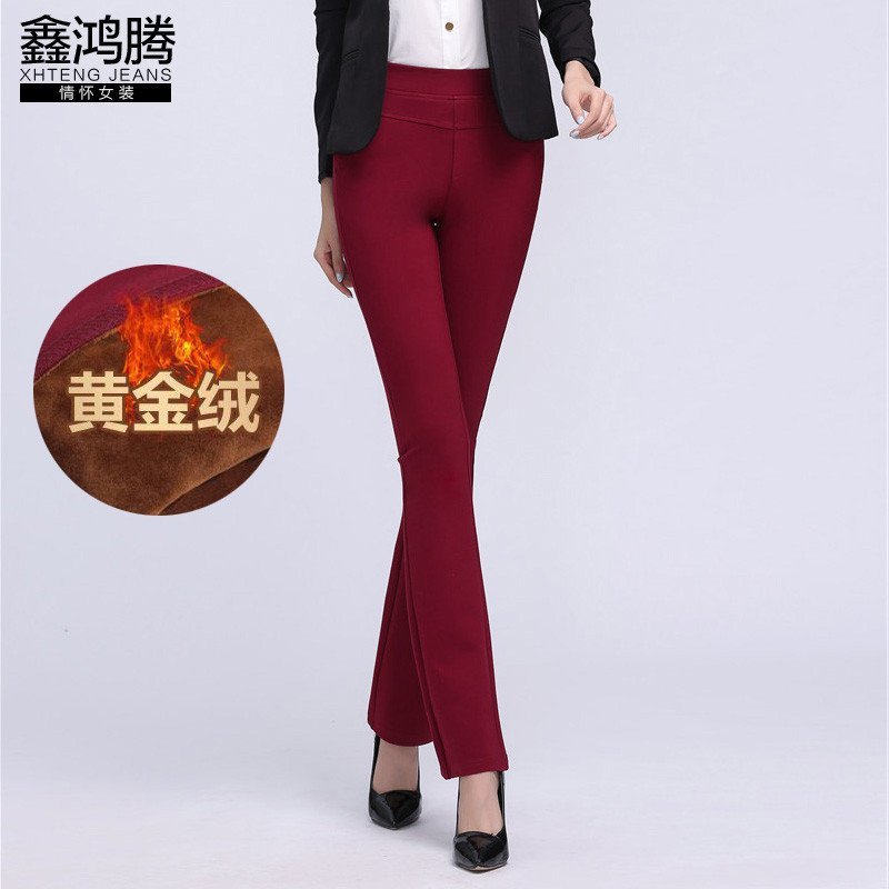 鑫鸿腾2015秋装新款高腰弹力休闲裤女士加绒加厚保暖大码女装显瘦微喇裤 ZDS-95511 M 酒红加绒