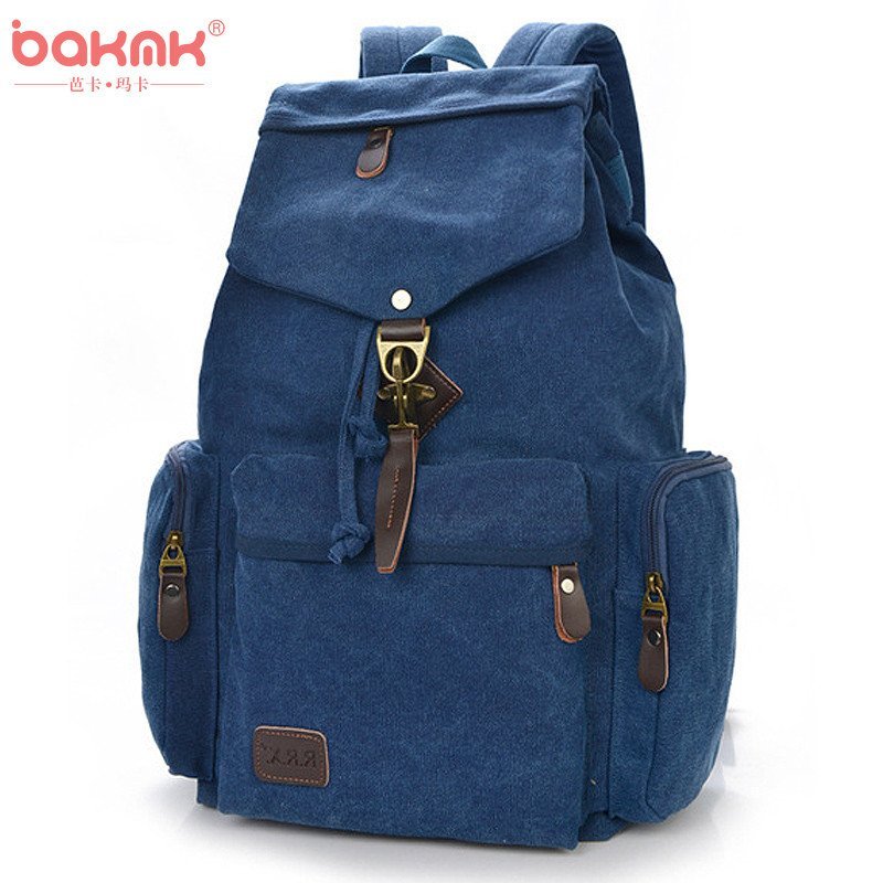 BAKMK芭卡玛卡 韩版女士复古帆布包包大容量双肩包学院风抽带背包A33 深蓝色