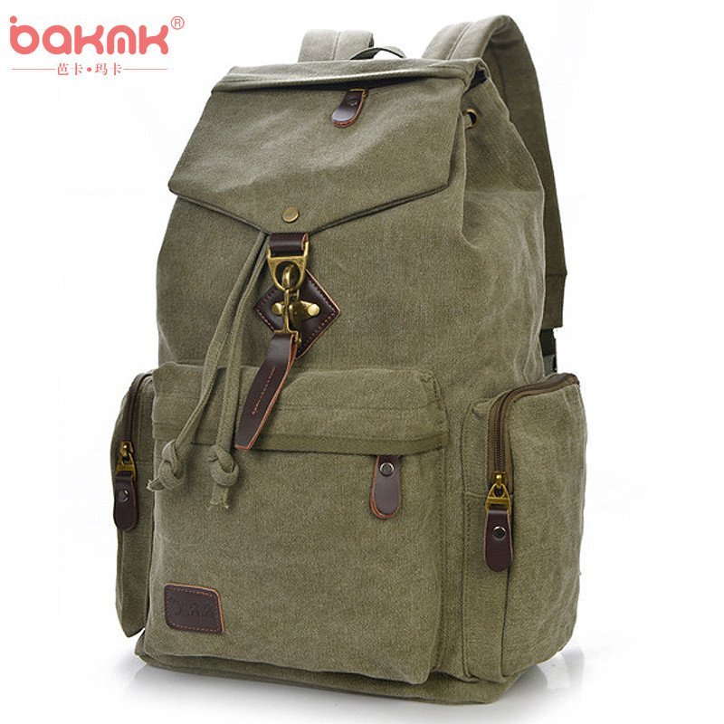 BAKMK芭卡玛卡 韩版女士复古帆布包包大容量双肩包学院风抽带背包A33 绿色