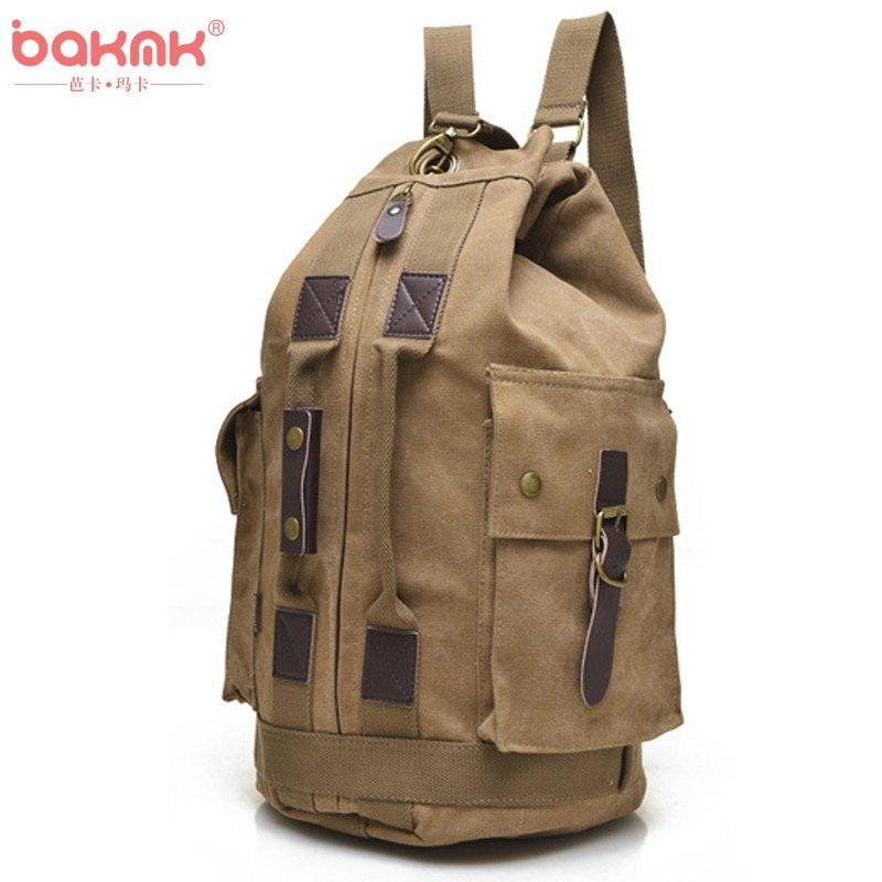 BAKMK芭卡玛卡 韩版男女款桶包复古帆布包包大容量双肩包背包时尚手提包登山包-A45 卡其色