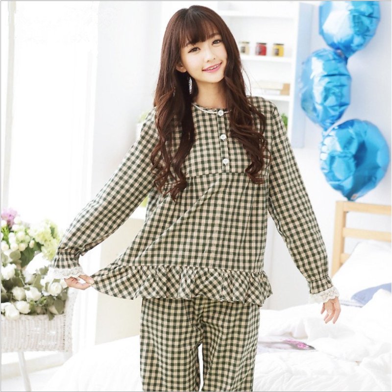 竹千华 睡衣女 2016春夏季新款日韩风格荷叶花边 甜美休闲睡衣家居服套装 XL 绿色