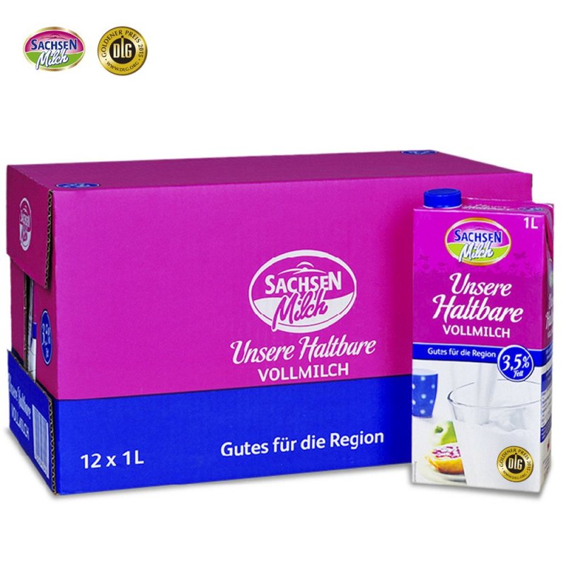 德国进口牛奶 萨克森（Sachsenmilch） 超高温灭菌处理全脂纯牛奶1L*12盒