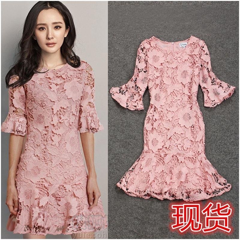 情娇婷 2016早春新款欧美杨幂.时尚博主同款水溶花鱼尾连衣裙DFHGJ M 图片色