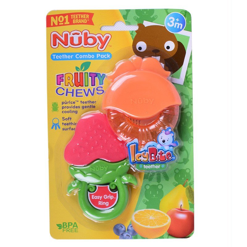 美国nuby/努比 宝宝训练固齿器 冰胶固齿器牙胶水果造型两个组合装 草莓橙子