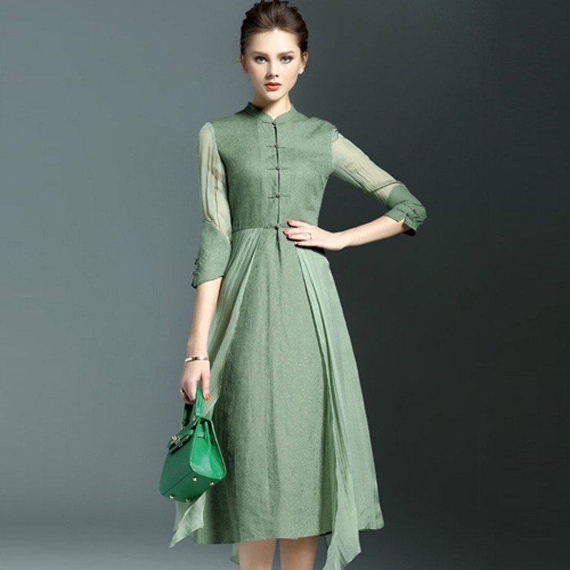 悍鹿服饰2016春装新款复古印花不规则裙立领七分袖连