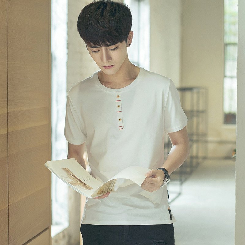 骐尚林 2016夏季日系复古男士纯色亚麻短袖圆领t恤 青年中国风两边