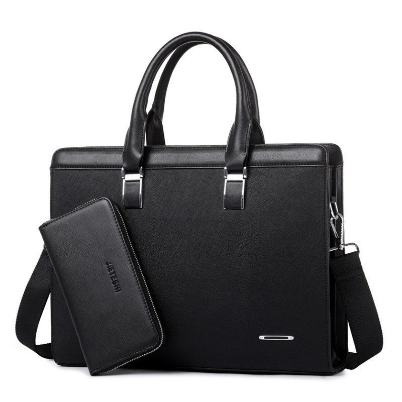 薇思黛 2016新款 欧美时尚男士手提包横款商务包牛皮电脑包单肩斜挎包 黑色