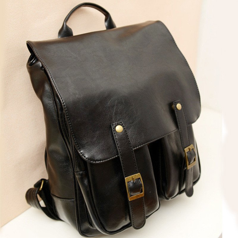 薇思黛2016新款 韩版情侣双皮学院风潮包新款复古双肩包扣亮皮pu书包女包 黑色