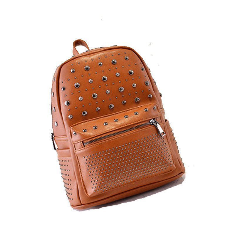 薇思黛 2016新款 韩版休闲书包时尚旅游背包铆钉双肩包 棕色