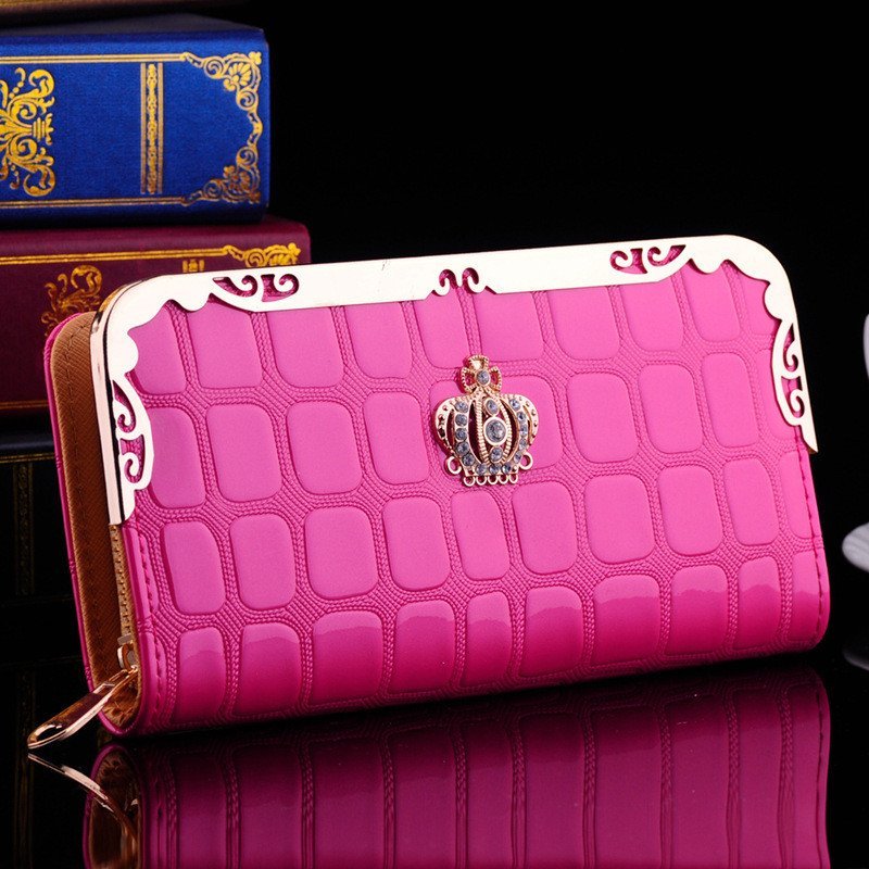 薇思黛 2016新款 女士长款钱包时尚单拉链手拿包格纹漆皮休闲钱夹 玫红色