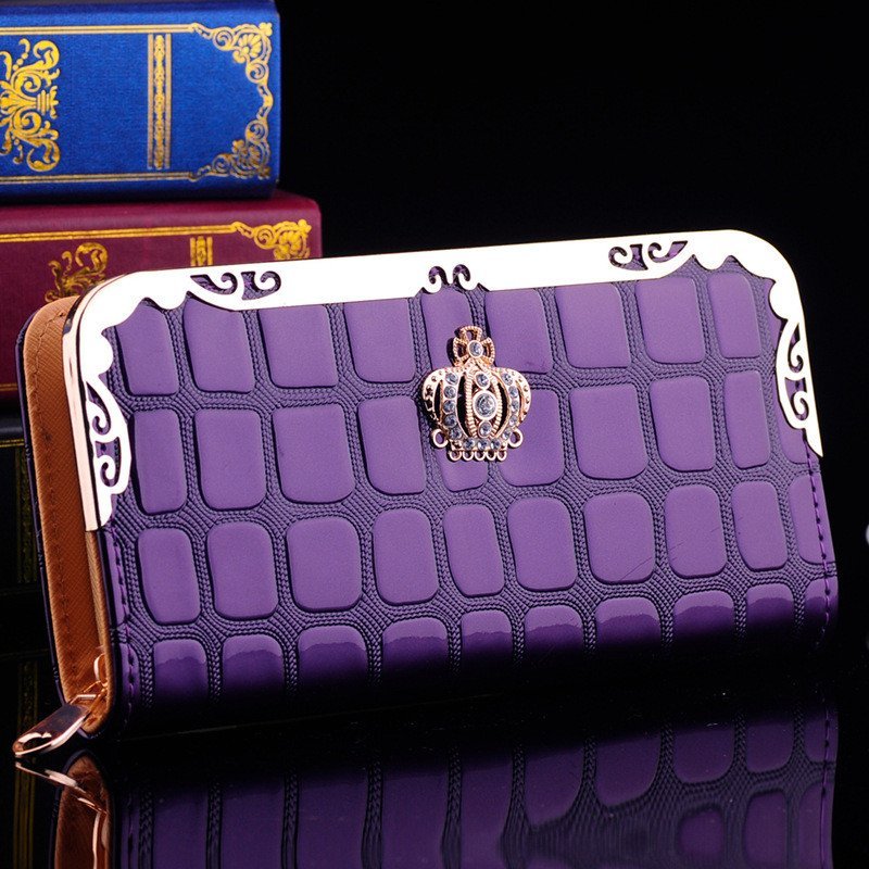 薇思黛 2016新款 女士长款钱包时尚单拉链手拿包格纹漆皮休闲钱夹 紫色
