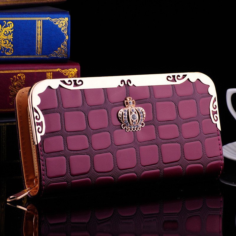 薇思黛 2016新款 女士长款钱包时尚单拉链手拿包格纹漆皮休闲钱夹 酒红色