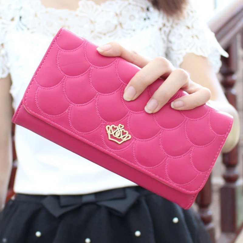 薇思黛2016新款 欧美女士钱包菱格长款票夹皇冠漆皮压花手拿女包 玫红色