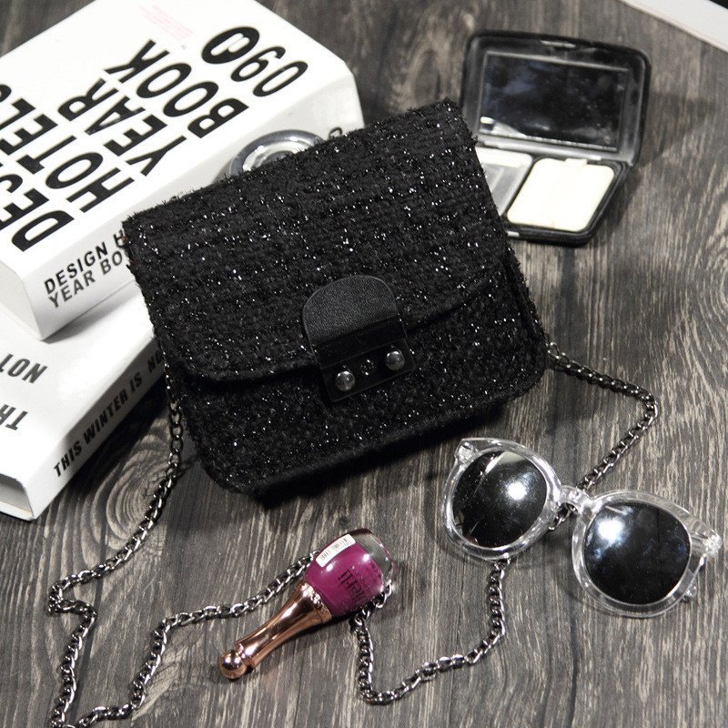 薇思黛 2016新款 韩版潮斜挎包呢子小方包小香链小条包单肩斜跨包女包 黑色小号