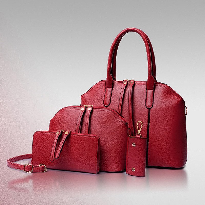 薇思黛 2016新款 欧美时尚女包牙签纹四件套女包潮流子母包 酒红色