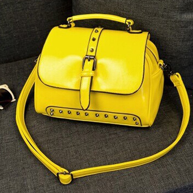 薇思黛 2016新款 欧美时尚潮流女包铆钉邮差包手提包油蜡皮单肩斜挎包 柠檬黄色