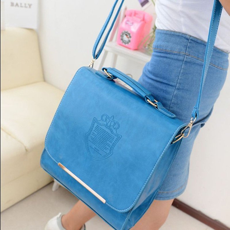 薇思黛2016新款 韩版时尚女包双肩包女单肩包斜挎包压花皇冠PU双肩包 蓝色